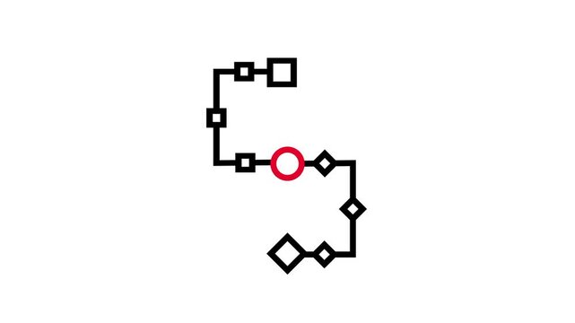 A black connected line path linking square nodes a diamond shape and a small red circle forming a flowchart or workflow diagram on white background