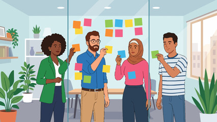 Obraz premium Diverse business team brainstorming with sticky notes on glass