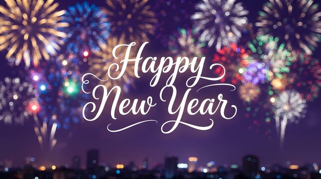 Happy New Year text glowing over colorful city fireworks for holiday celebration