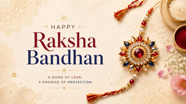 Happy Raksha Bandhan greeting card with traditional rakhi, festive sweets, gift box and decorative Indian celebration elements	
