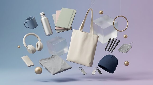 Floating collection of customizable merchandise and promotional products.