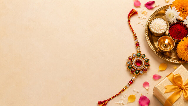 Raksha Bandhan background with traditional rakhi bracelet, festive puja thali, flower petals, gift box and elegant copy space	
