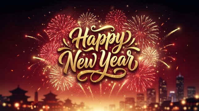 Golden New Year text glowing over city fireworks for holiday celebration