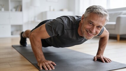 Fototapeta premium Smiling mature man doing push-ups on an exercise mat in a bright home living room.