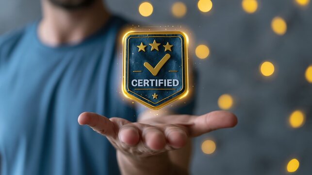 Businessman shows a floating hologram of a certified stamp with three golden stars to demonstrate quality assurance standards.