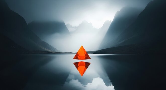 Glowing orange triangle pyramid floating above a dark mountain lake