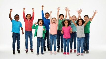 Fototapeta premium A group of children jumping with arms raised against a plain white background a cheerful photograph kids youth team leaping playful happy