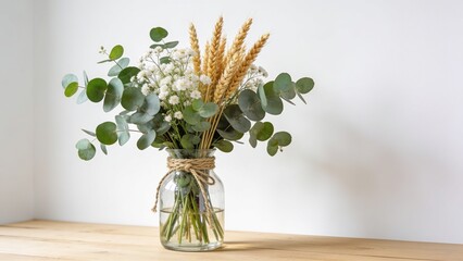 Obraz premium Rustic floral arrangement with eucalyptus branches, gypsophila, and golden wheat ears in a glass jar wrapped with twine on a wooden surface against a white background.