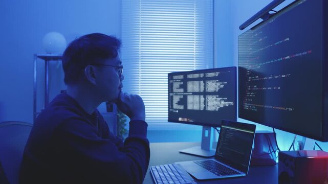 Programmer Concentrating and Solving Coding Problem on Dual Monitor Setup.