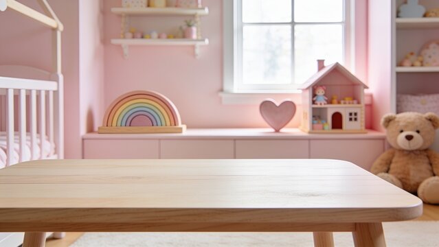 Empty wooden table top product display with a soft pink cozy nursery room background decorated with toys.