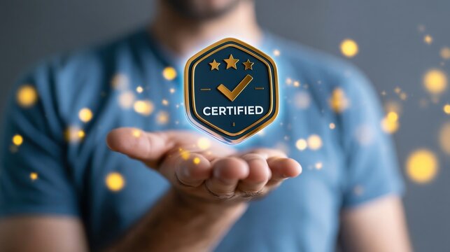 Businessman demonstrates a digital professional certification badge floating above his open palm to signify high standards.