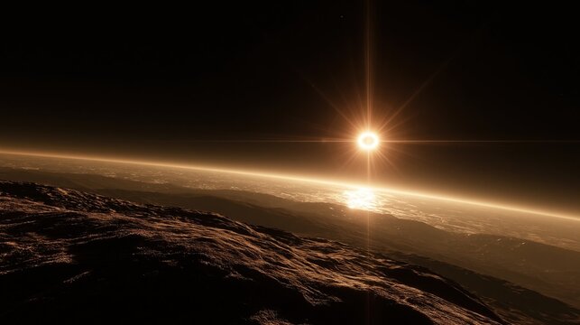 Dramatic bright sunrise seen from distant planet orbit with glowing sun over rocky planetary surface, fantasy deep space exploration and cosmic landscape concepts
