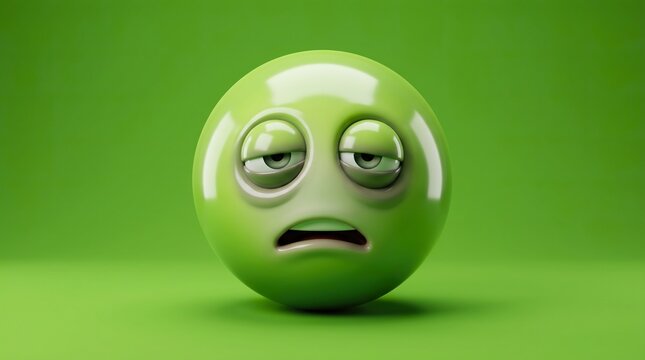 Green tired emoji face looking bored with drooping eyes and open mouth on plain background.
