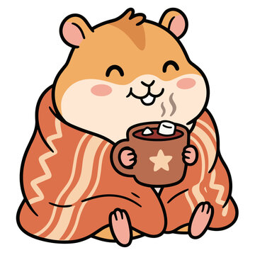 Cute hamster wrapped in cozy blanket drinking hot cocoa with marshmallow illustration