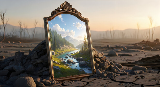 A vintage mirror reflecting a lush green landscape amidst a barren wasteland reminiscent of post apocalyptic independence day themes