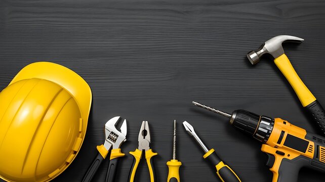 Construction tools and yellow safety helmet arranged on a dark wooden workbench