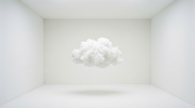 A fluffy cumulus cloud floats centrally within a minimalist white cubic room illuminated by soft lighting nimbus cloudscape atmospheric weather meteorology sky