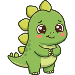 Fototapeta premium Cute green baby dinosaur cartoon character standing with shy expression vector illustration