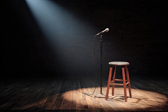 A spotlight illuminates a microphone stand, stool on a stage with dark, textured brick wall