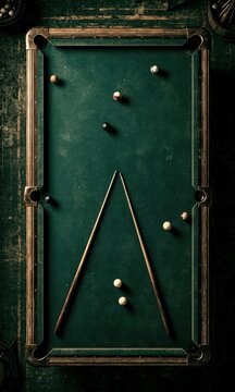 Vintage green felt pool billiard table with cues and scattered balls on dark worn floor, top view for leisure game and classic bar entertainment concepts