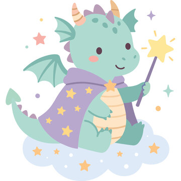 Adorable fantasy baby dragon with purple star cape and magic wand sitting on a cloud illustration