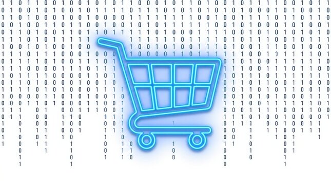 Blue shopping cart illustration against a binary code background showcasing a digital commerce concept retail grocery trolley basket checkout purchase e-commerce online