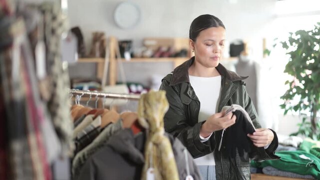 While shopping, Asian woman browsing goods items and choose elect gloves in store, buyer consider some items. Concept of seasonal wardrobe shopping. Client and holiday shopping.
