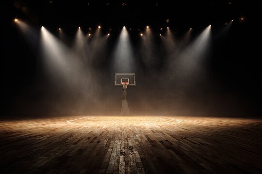 A dramatic shot of an empty basketball court illuminated by spotlights, showcasing the hoop