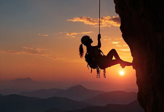 Silhouette of a person rappelling down a cliff face during a golden sunset