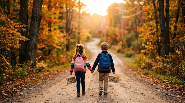 Two young children holding hands while walking down a beautiful forest path during a sunny autumn day