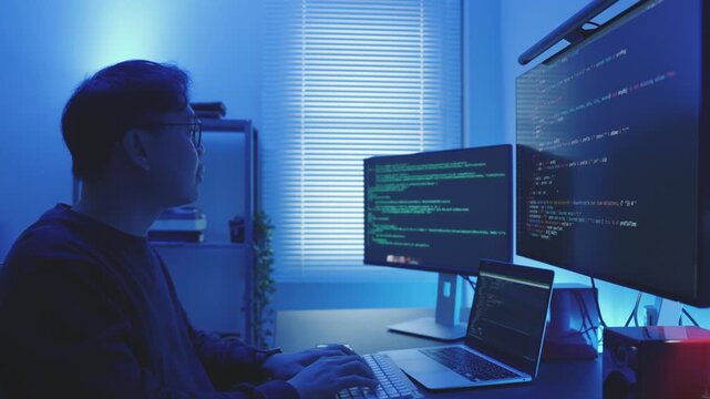 Focused Software Developer Writing Code at Night in Blue Light Workspace.