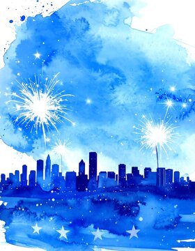 Abstract Watercolor Cityscape Skyline with Fireworks and Stars in Blue.