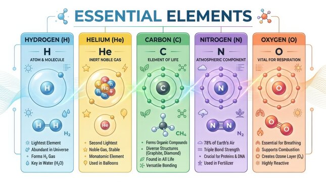 Illustrative depiction of essential chemical elements hydrogen helium carbon nitrogen and oxygen in a vector style atom atomic structure element chemistry diagram