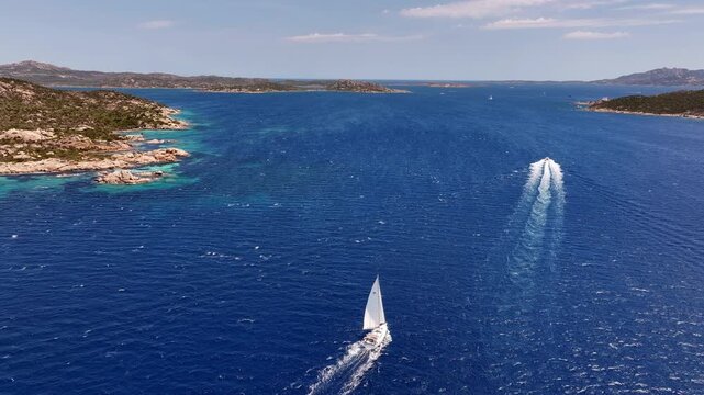 Aerial view of sailboat in the sea at La Maddalena archipelago in Sardinia, Italy