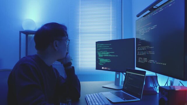Concentrated Programmer coding watching analysis Source Code on Desktop Setup at Home.