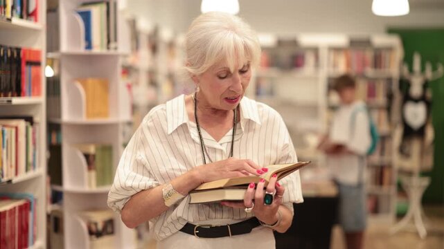 Interested elderly female visitor holding a book in public library with large stock