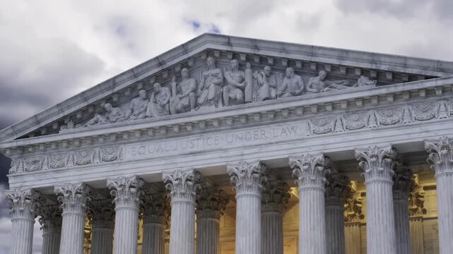 Close Up of the United States Supreme Court Building Facade with Corinthian Columns and Classical Sculptures, Washington DC, 4K