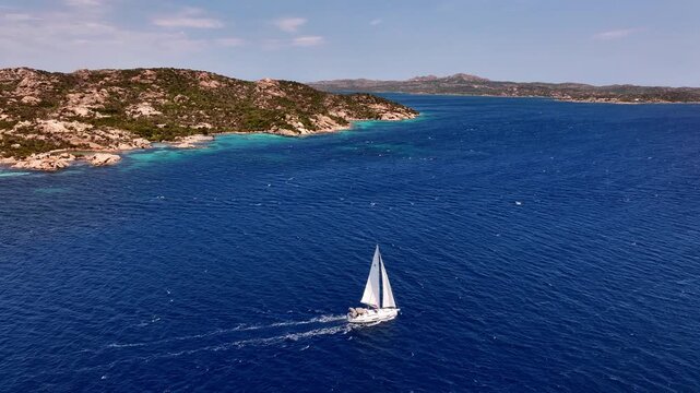 Aerial view of sailboat in the sea at La Maddalena archipelago in Sardinia, Italy