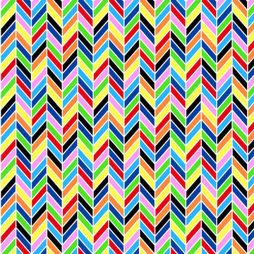A vibrant seamless geometric herringbone pattern featuring repeating chevron-shaped elements arranged in vertical zigzag columns. The design combines bold multicolor segments in red, blue, green, yell