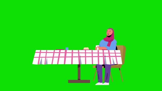 Cartoon Muslim Woman in Hijab Sitting at Dining Table on Green Screen Animation