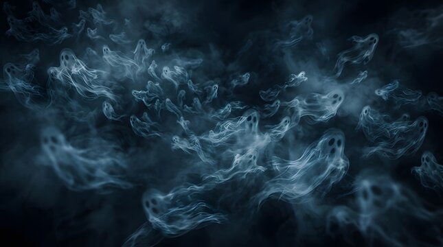 Ethereal ghostly figures in dark fog