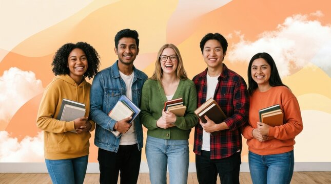 A group of five diverse students holding books stands smiling against an abstract orange and white background university college education learning school