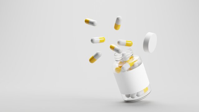 Floating transparent pill bottle with yellow and white medicine capsules. 3D Render