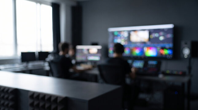 Blurred background of video editors working in dark post production studio