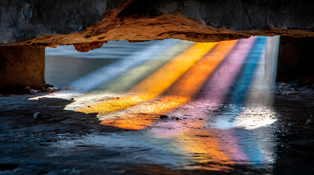 Brilliant rainbow beams pour through a cracked ceiling into darkness, symbolizing imagination, hope, creativity, and breaking through limitations.