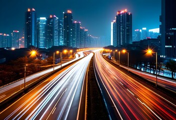 Fototapeta premium Urban highway at night with dynamic light trails and towering city skyline