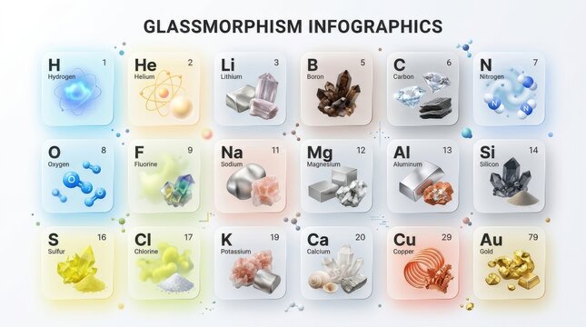 Periodic table elements with glassmorphism effect showcasing atomic structures and metallic samples in a scientific illustration model structure boron calcium carbon chlorine