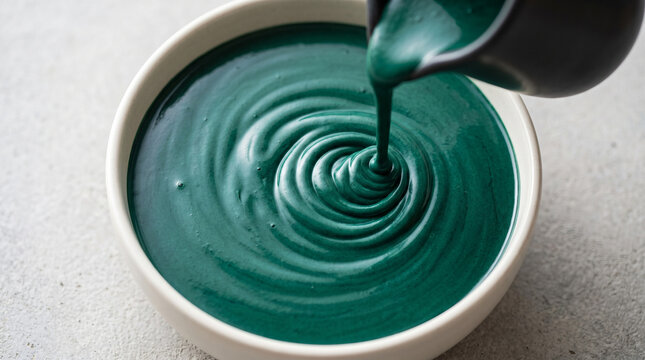 Pouring thick dark green liquid into a bowl creating circular ripples