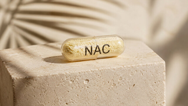 A clear capsule labeled NAC sits on a light stone surface. The background shows a shadow of a plant, indicating a natural setting. The scene captures a moment of health focus