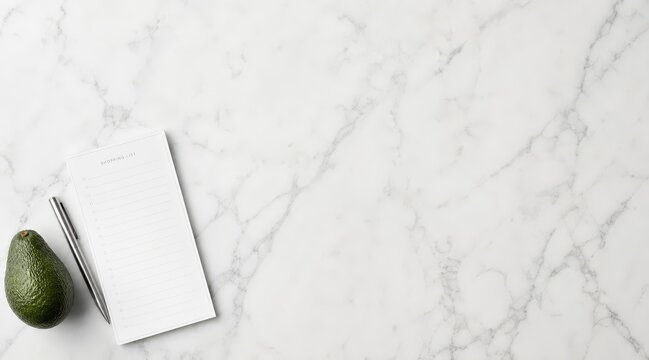 Shopping list and avocado on marble countertop